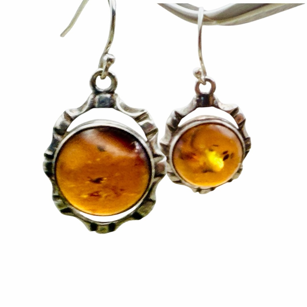 Vintage Artisan Amber and Sterling Silver Earrings Dangle Drop 1970s